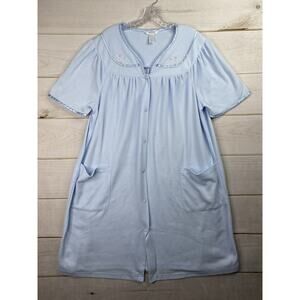 Adonna Sleepwear Nightgown XXL Blue Embroidered Waffle Weave Pockets Cottagecore